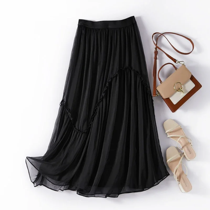 Long Skirts For Women Clothing Korean Fashion Pleated Black Skirt Summer High Waist Mulberry Silk Skirt Women Jupe Longue Femme