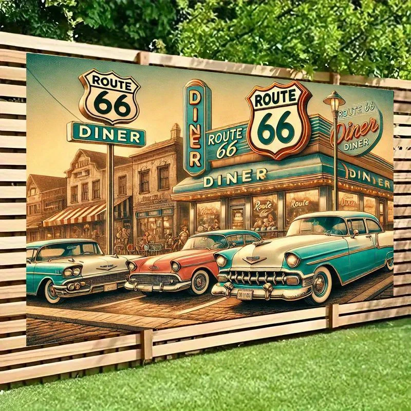 

2D плоский, 1 шт. ретро 66 баннер для дорожного ресторана — ретро 1950-е годы, американские украшения для вечеринок, классический автомобиль и неоновые вывески