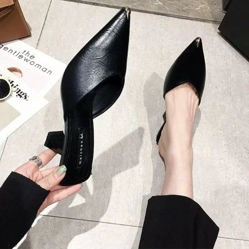 Summer 2024 Black Slides Mules Women\'s Slippers and Ladies Sandals 5cm High Heel Shoes Pu Leather Pointed Toe Casual Slippers