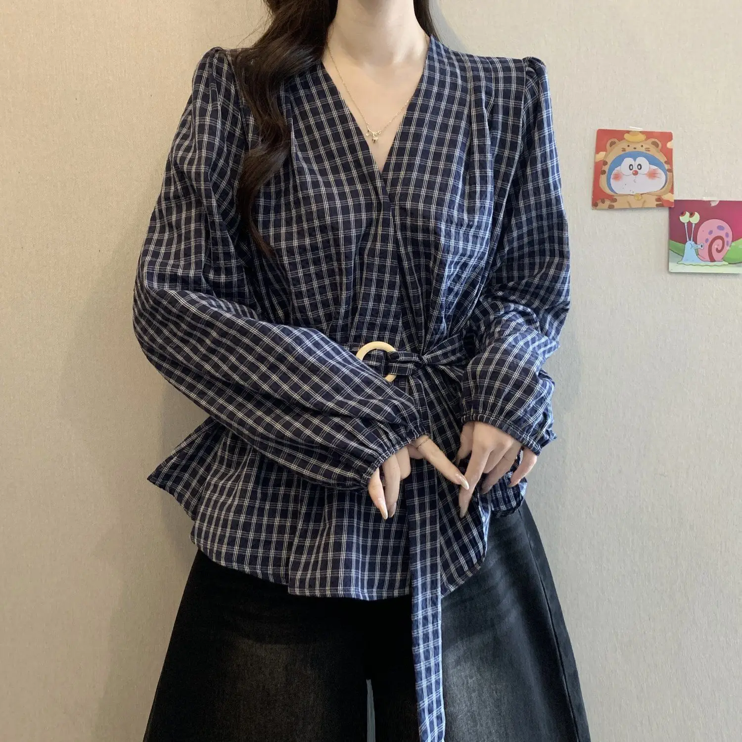 Vintage Plaid V Neck Blouse Women Plus Size Long Sleeve Shirt High Waist Slim Fit Tops Elegant Casual Retro Style Spring Autumn