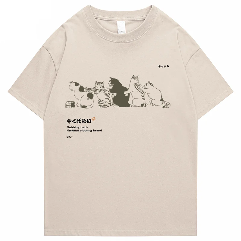 Camiseta de Hip-Hop para hombre, ropa de calle japonesa, Kanji, Harajuku, divertida camiseta de gato, camisetas de manga corta, camisetas de algodón