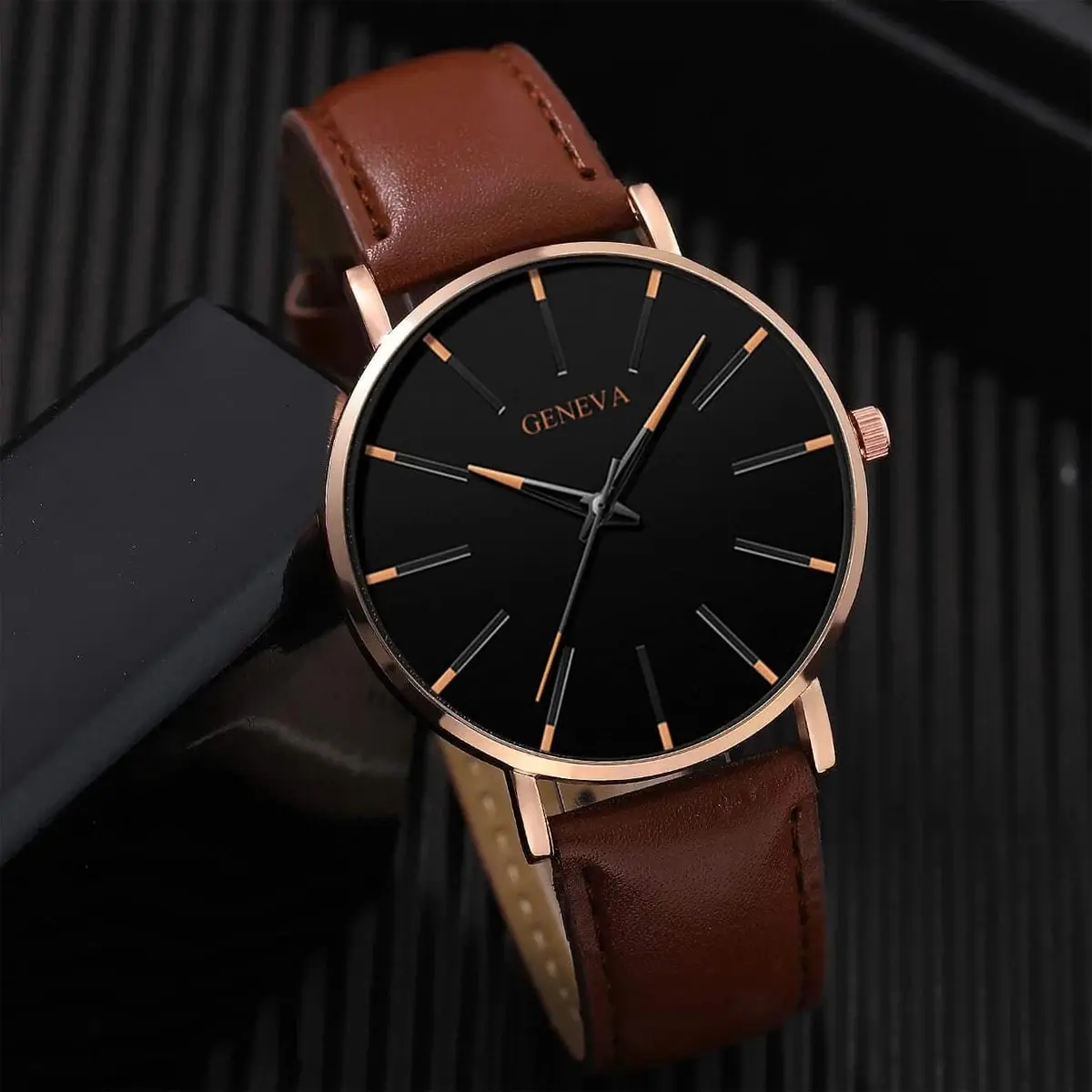 4PCS Men\'s Fashion Simple Blue Needle Dial Pointer Quartz Belt Watch Luxury Leather Leather Wood Bead Bracelet Ramadan Gift Set