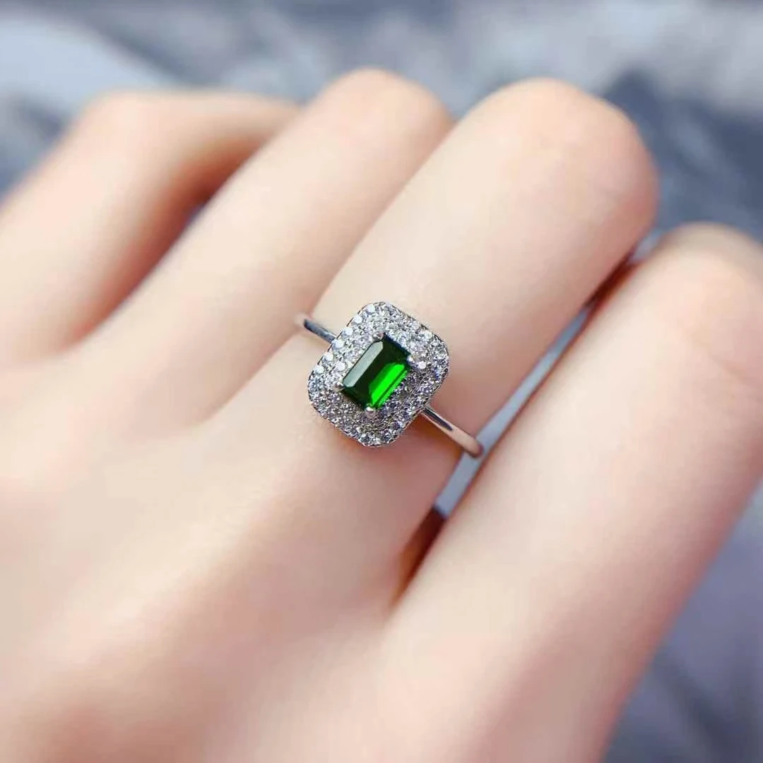 Hotsale 925 الفضة خاتم الأحجار الكريمة 3 مللي متر * 5 مللي متر الديوبسيدي الطبيعي الدائري 18 كيلو مطلية بالذهب الفضة حقيقية الكروم ديوبسيدي الفضة والمجوهرات