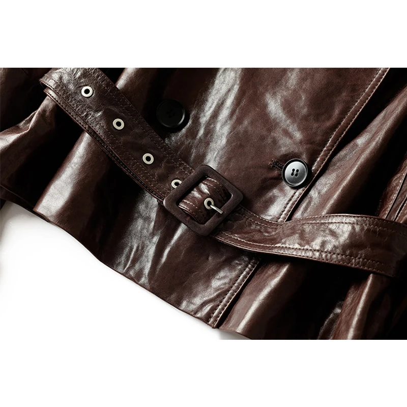 سترة جلدية حقيقية جديدة لعام 2025 للنساء لخريف وشتاء ريترو شمع زيت بني من جلد الغنم حزام مزدوج الصدر سترة قصيرة أنيقة #5