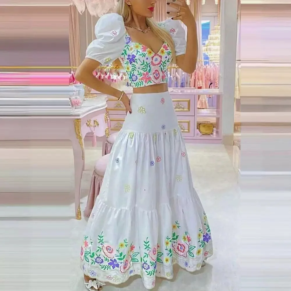 

Floral Print Puff Sleeve Crop Top & Ruched Skirt Set Women Short Sleeve Tops V Neck High Waist Loose Long Skirt Clothes Suit