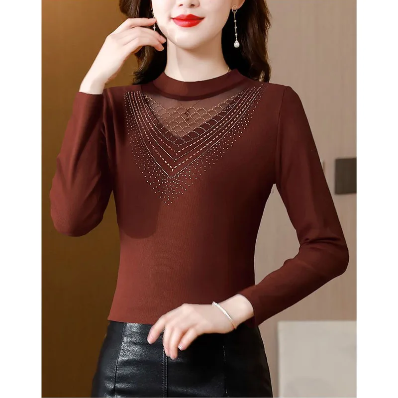 

Temperament Commuter Versatile Women's Clothing Autumn and Winter New Fashion Hollow Out Half High Neck Long Sleeve Pullover