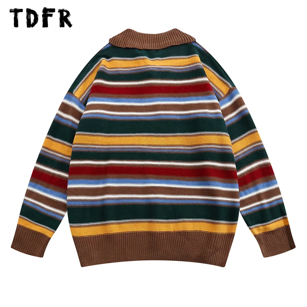 Contrast Horizontal Striped Sweater Mens Autumn Winter Retro Casual Loose Lapel Long Sleeve Knitted Pullover Men