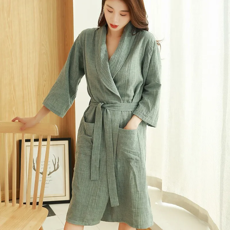 Female Kimono Bathrobe Sleepwear Solid Sauna Costume Women Sweatshirt Robe 100% Cotton 2 Layer Gauze Quick-drying Hotel Spa Robe