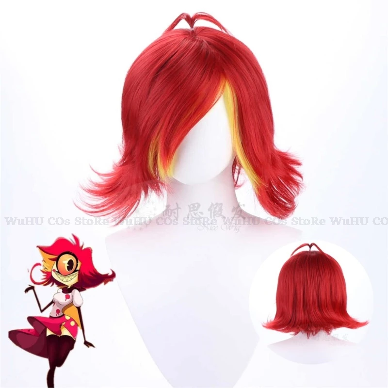 Hazbin Cos Niffty peluca Anime Hotel Cosplay pelucas corto rojo rizado calor pelo sintético mujeres disfraz de Halloween fiesta juego de rol