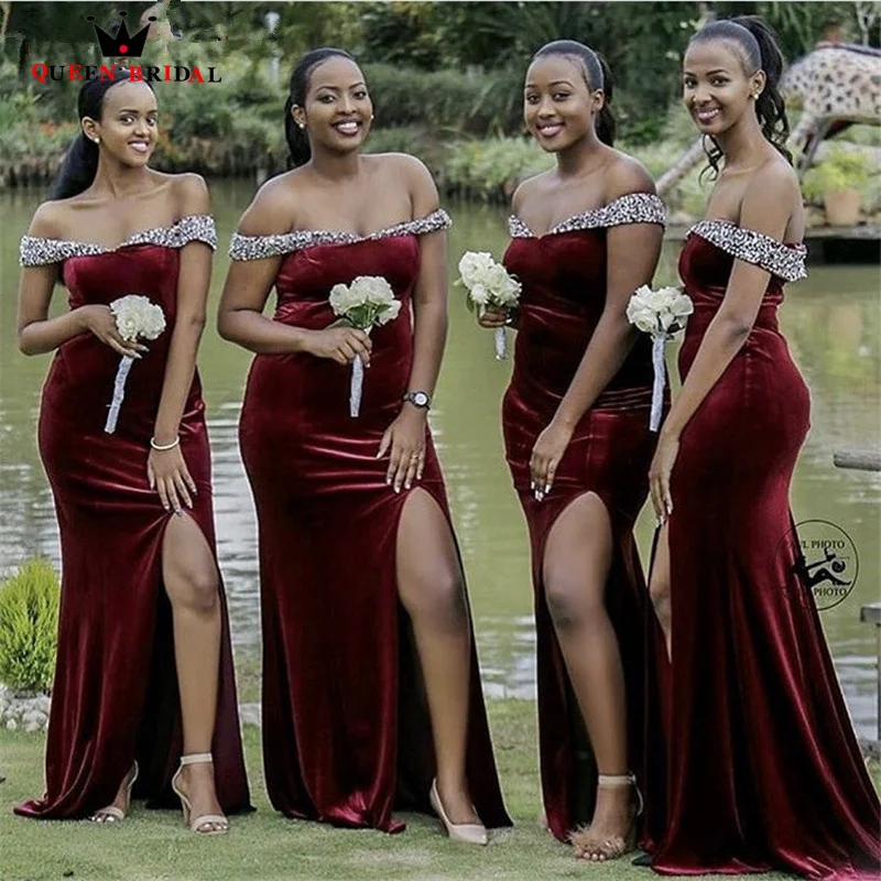 

Burgundy Velour Bridesmaid Dresses African Sexy Off The Shoulder Floor Length With Zipper Back Custom Made YM11