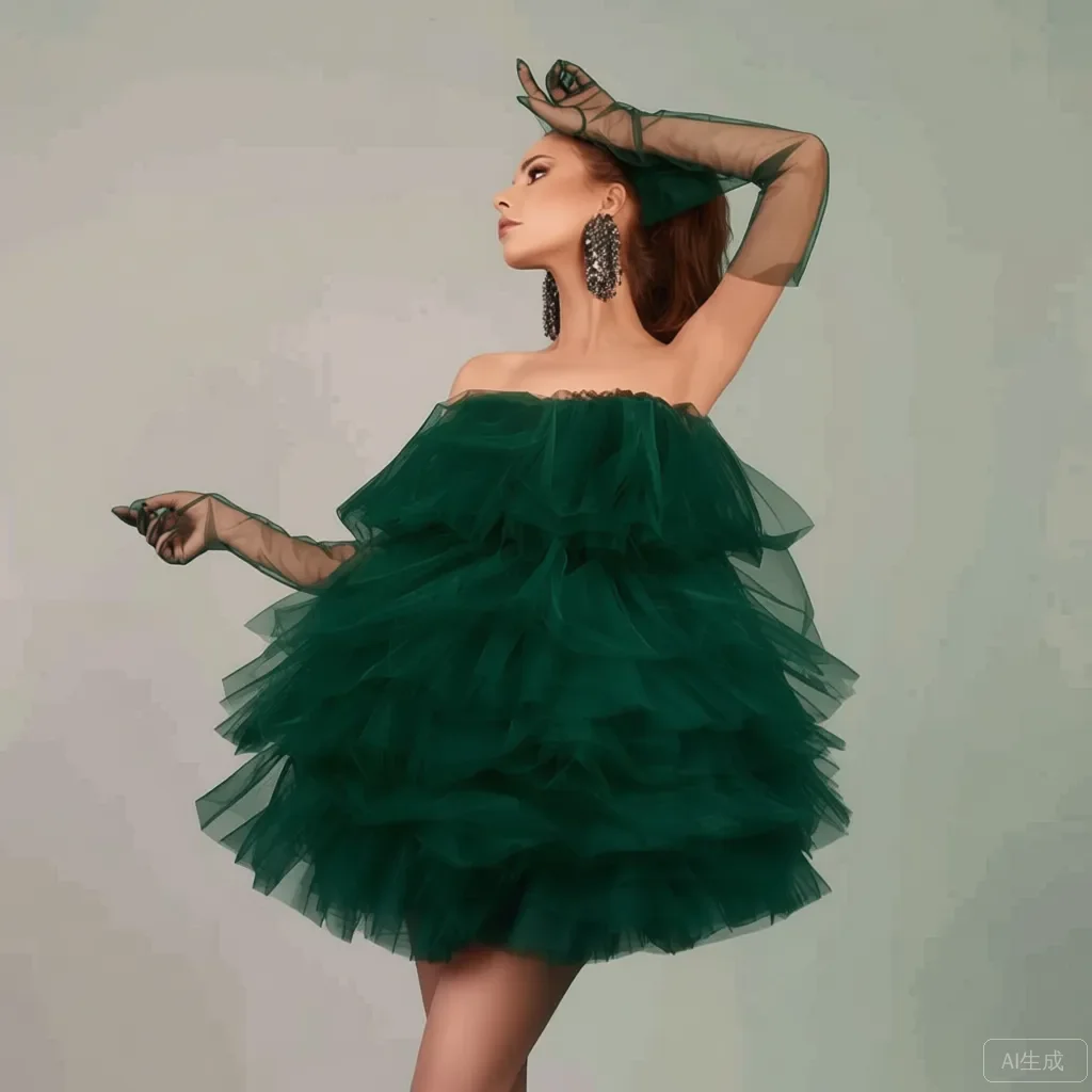 فستان نسائي بدون حمالات من التل الأخضر الداكن مكشكش للحفلات الراقصة قفازات شفافة قصيرة منتفخة لحفلات الكوكتيل بطول صغير مقاس كبير #1