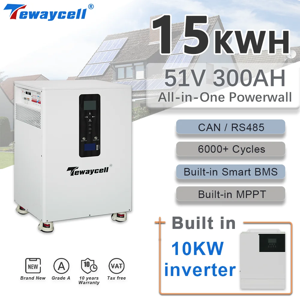 Tewaycell Lithium iron Phosphate 15KWH 51V 300AH LiFePO4 Battery Pack All-in-One Built-in-10KW Inverter BMS Solar Powerwall DDP