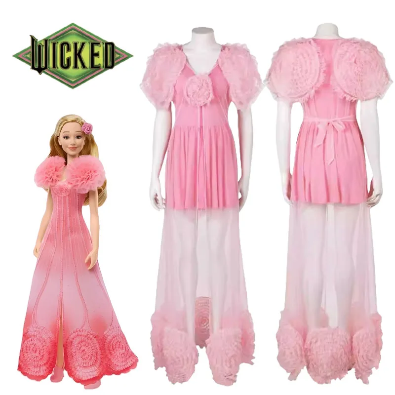 Movie Wiked Fantasia Glinda Cosplay Dress Costume Women Pink Sleepwear Disguise Role Play Outfits Halloween Carnival Party Suit