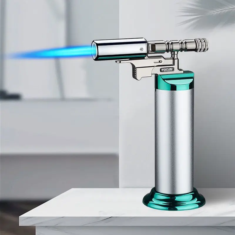 FOUCE Power Lighter Metal Outdoor Windproof Turbine Torch Strong Fire Blue Flame Butane Gas Lighter Stove Kitchen BBQ Gadgets