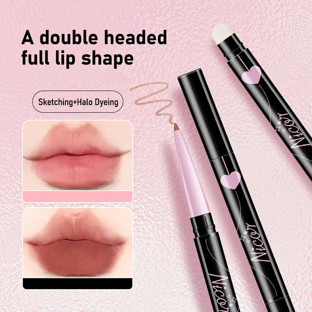 Tweekoppige Matte Nude Lippenstift Pen Met Borstel Waterdichte Antiaanbaklipbeker Contouren Potlood Lipliner Cosmetica Q1p0