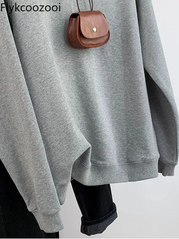 Grey Sexy Off-the-shoulder Design All-in-one Long-sleeved Tops 2024 Fall New Commuter Loose Female LOOSE FIT Sweatshirt Hoodie