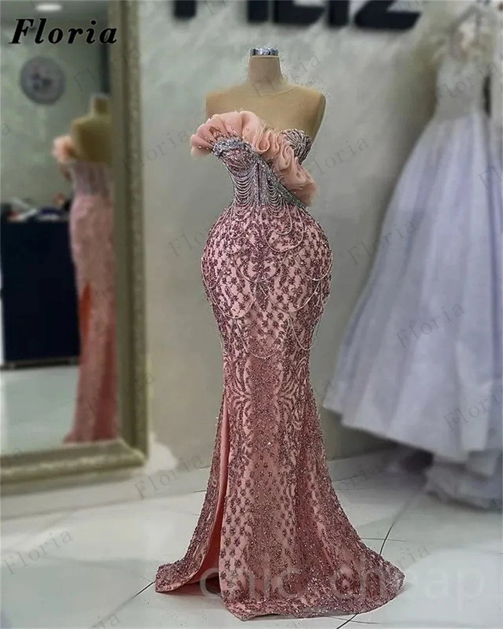 

Custom Made Pink Tiered Women Evening Dresses Kaftans Heavy Beaded Prom Dress Robe De Cocktail Newest Dubai Celebrity Party Gown