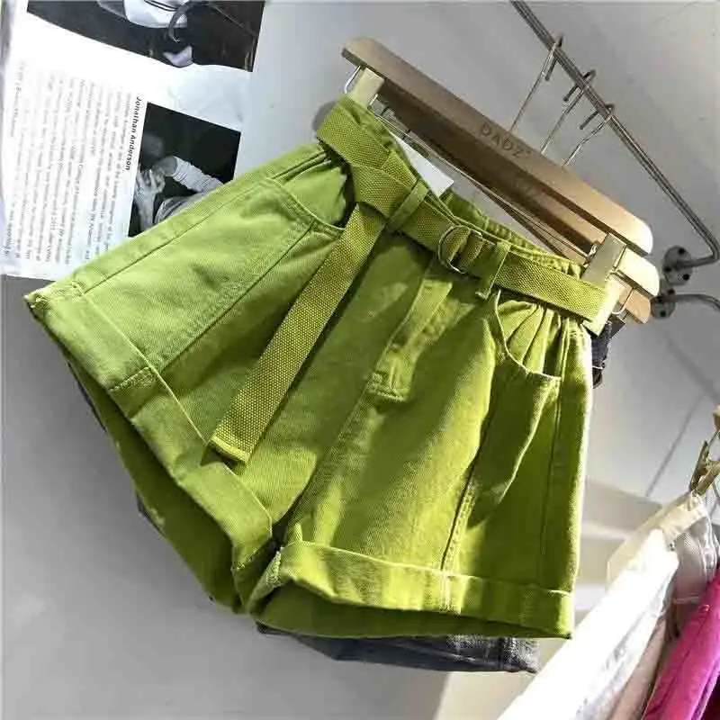 ผลไม้สีเขียวไขมัน MM กางเกงยีนส์สบายๆ 2025 ฤดูร้อนใหม่เอวสูงม้วนขอบกางเกงขาสั้นขากว้างทั้งหมดตรงกับกางเกงสกินนี่ร้อน