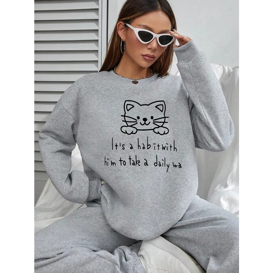 

Women Basic Casual Pullover Long Sleeve Kitten Print Round Neck Spring Autumn