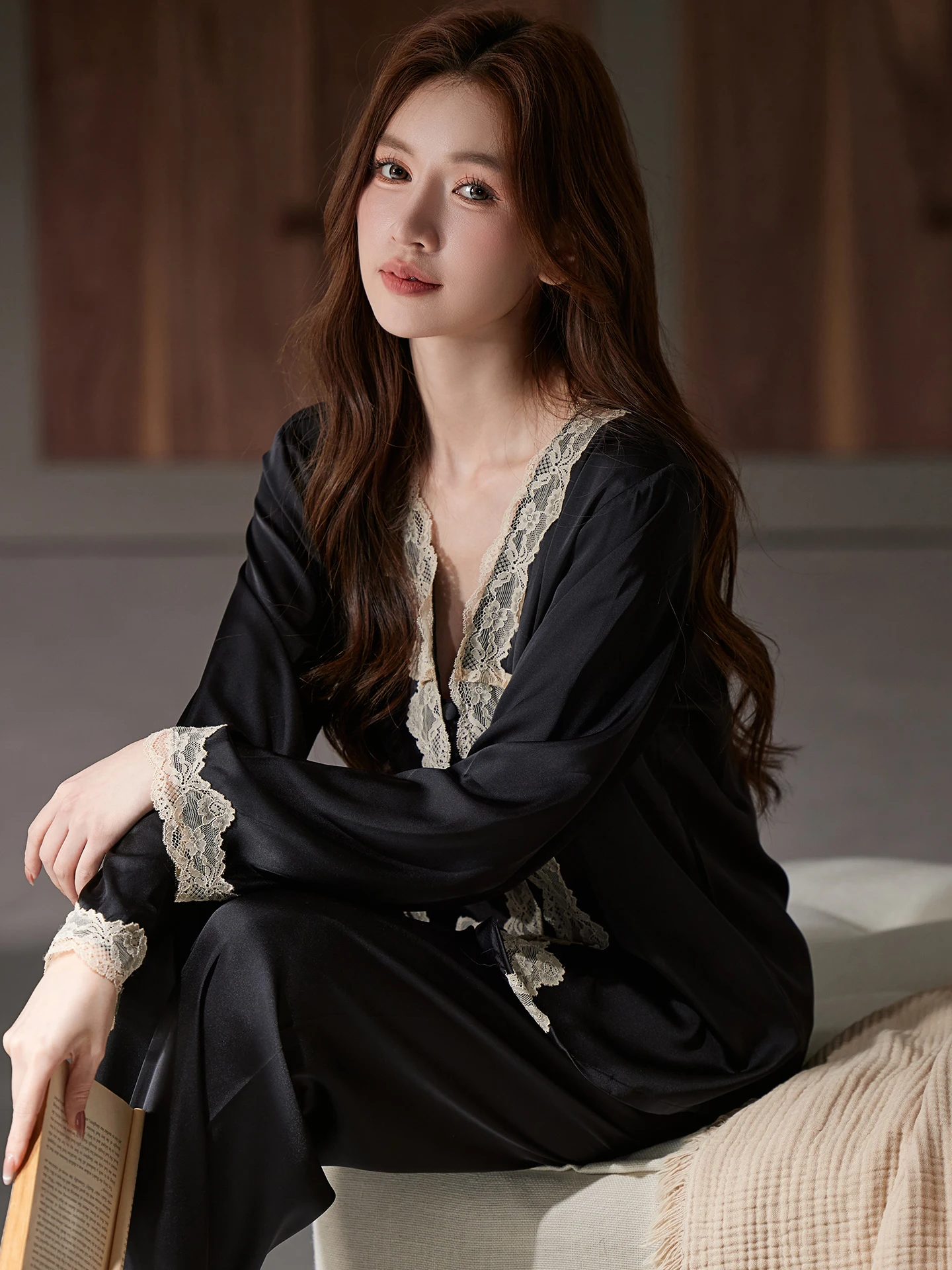 elegant-long-sleeve-lace-sleepwear-set-women's-luxury-home-clothes-silk-feel-soft-v-neck-button-closure-comfortable-fit