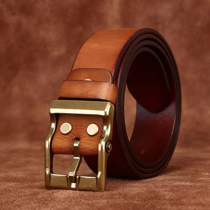 3.8cm Wide High Quality Genuine Leather Belt Men's Retro Thickened First Layer Pure Cowhide Brass Buckle Jeans Luxury Male Belt