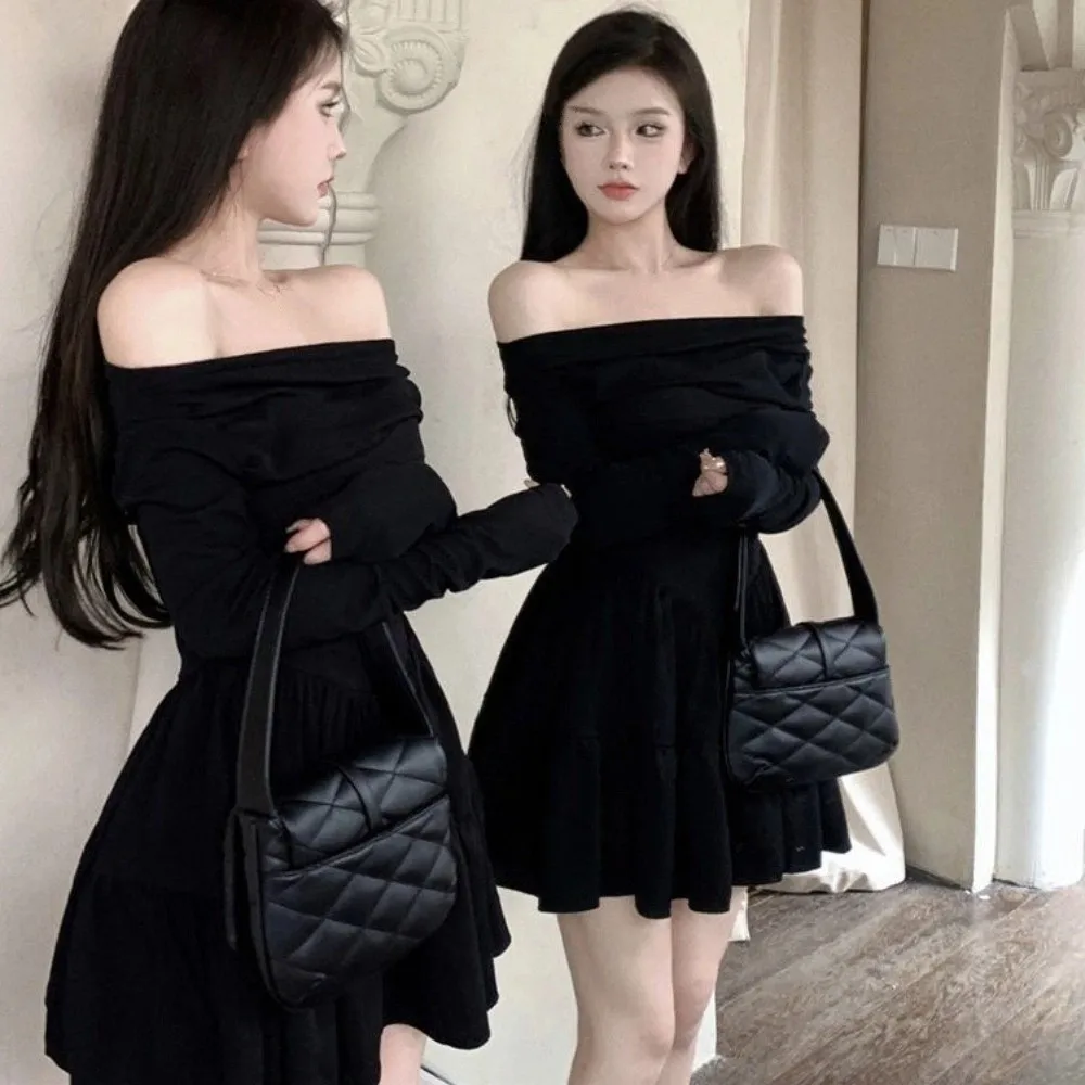 

Тонкая короткая юбка с длинными рукавами Spicy Girl, корейская мода, облегающее платье с одним воротником, легкая короткая юбка трапециевидной формы для отдыха, клубная