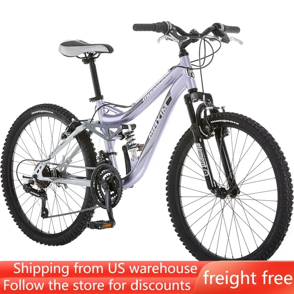 Girls Mountain Bike 24-Inch Wheels Aluminum Frame 21-Speed Drivetrain Lavender Freight Free Adult Bicycle for Men Road Cycling