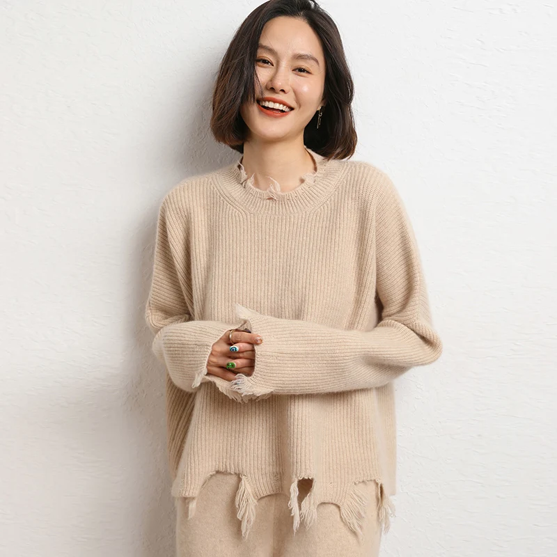 

100% Pure Cashmere Oversized Sweater Women 2023 Winter Loose Thickened Pullover Warm Soft O-neck Women's Baggy Jumper SWS01