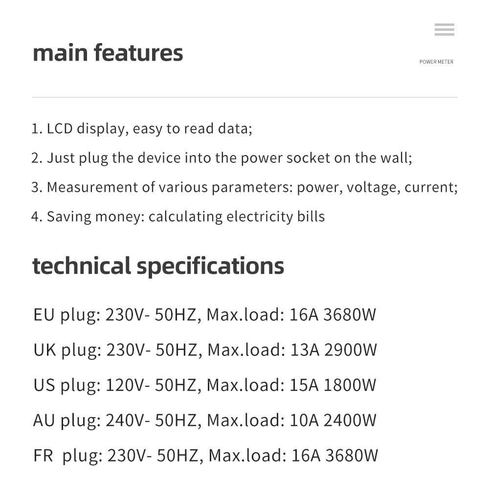 Digital Power Meter EU Plug Wattmeter Socket AC 220V Energy Meter LCD Disply Electricity Cost Diagram Measuring Socket Analyzer