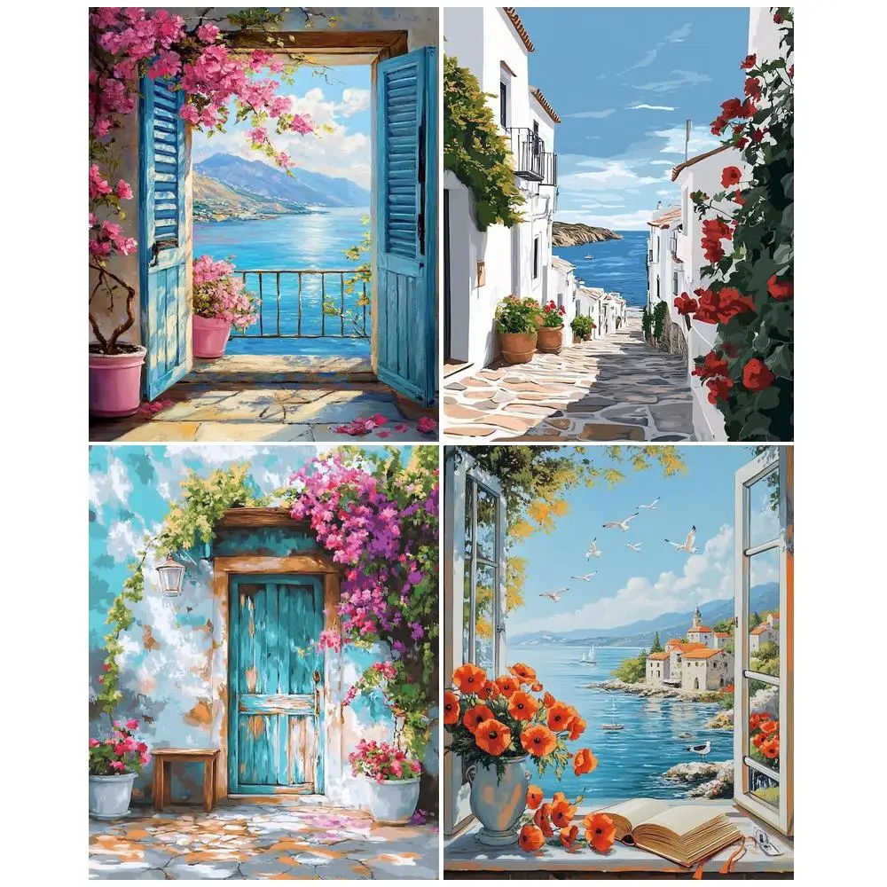 GATYZTORY Painting By Numbers Hand Painting Drawing By Numbers Seaside Town Landscape Living Room Decoration Decorative Painting