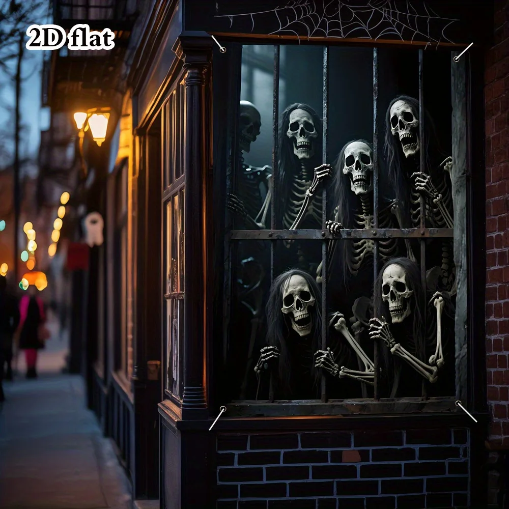 2D-Flachbanner, 1 Halloween-Fensterdekoration mit Totenkopf-Hintergrund, geeignet für den Innen- und Außenbereich