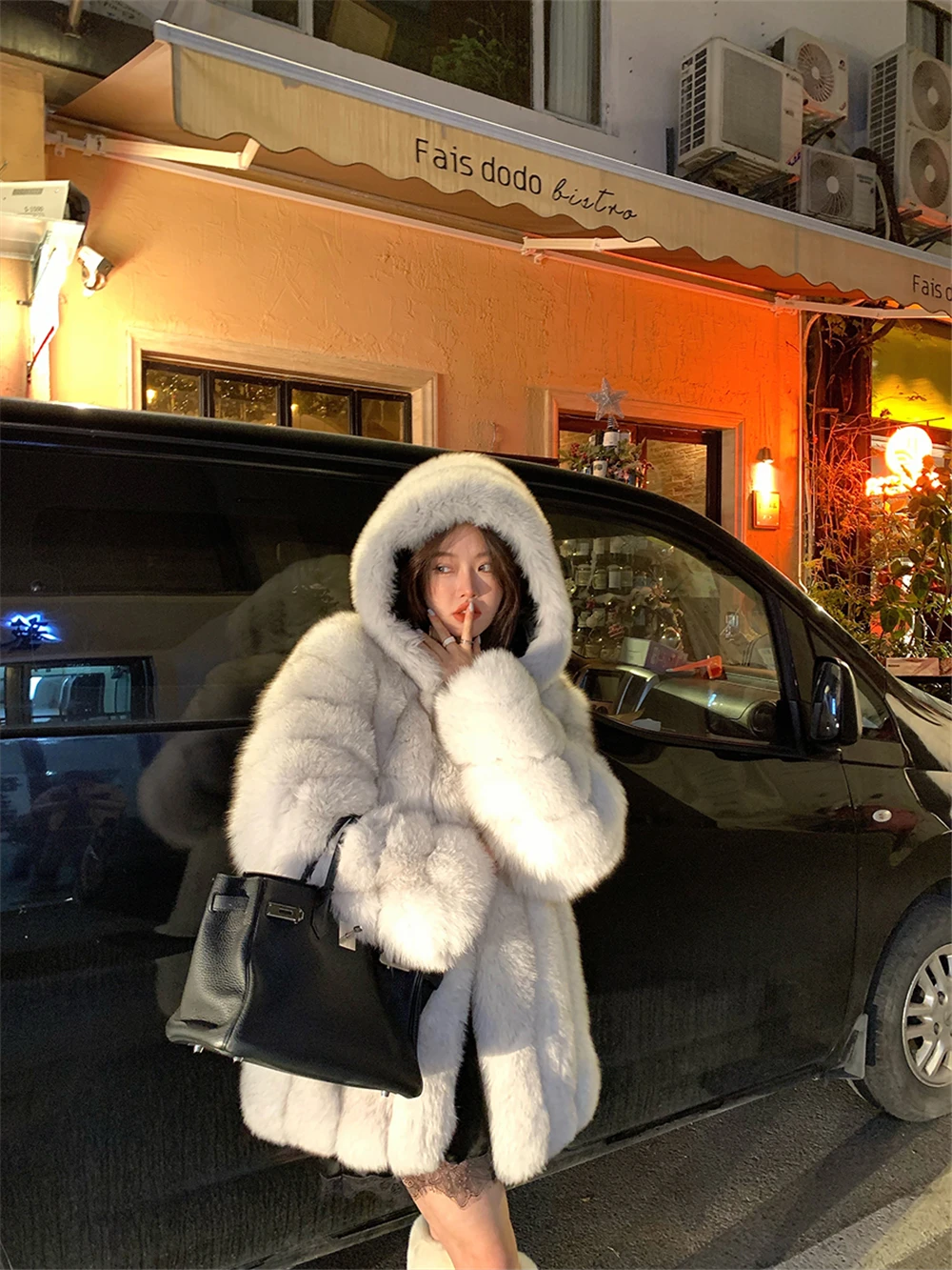 Winter Hooded Fox Fur Long Coat For Women Luxury White Real Fur Coat With Hood Plus Size Jacket With Natural Fur Female