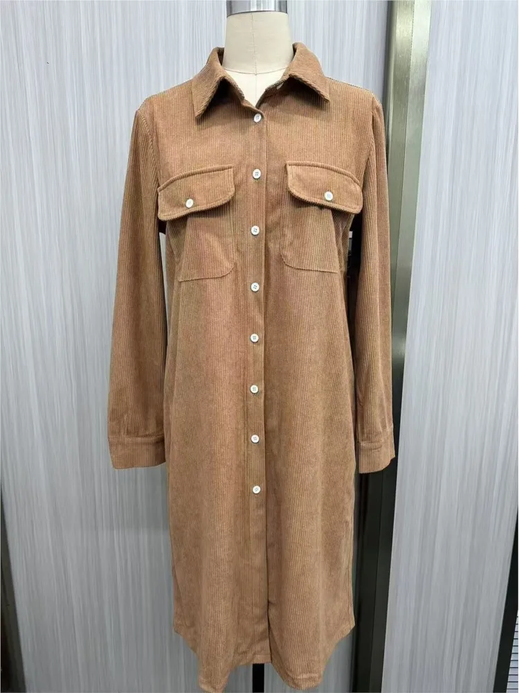 New Solid Color Corduroy Buttons Loose Shirt Dresses Women Autumn Casual Lapel Party Long Dress Long Sleeve Holiday Ladies Dress