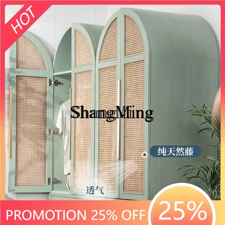 

FG Solid Wood Rattan Wardrobe Storage Small Apartment Retro Homestay Arch Dome Flat Door Storage Cabinet