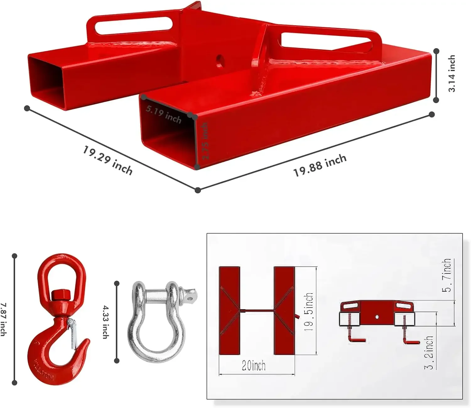 Lifting Hook Attachment, EBESTTECH 1PC 6600lbs Capacity Forklift Lifting Hoist with Swivel Hook and 2PCS T-Bolts Red Fo