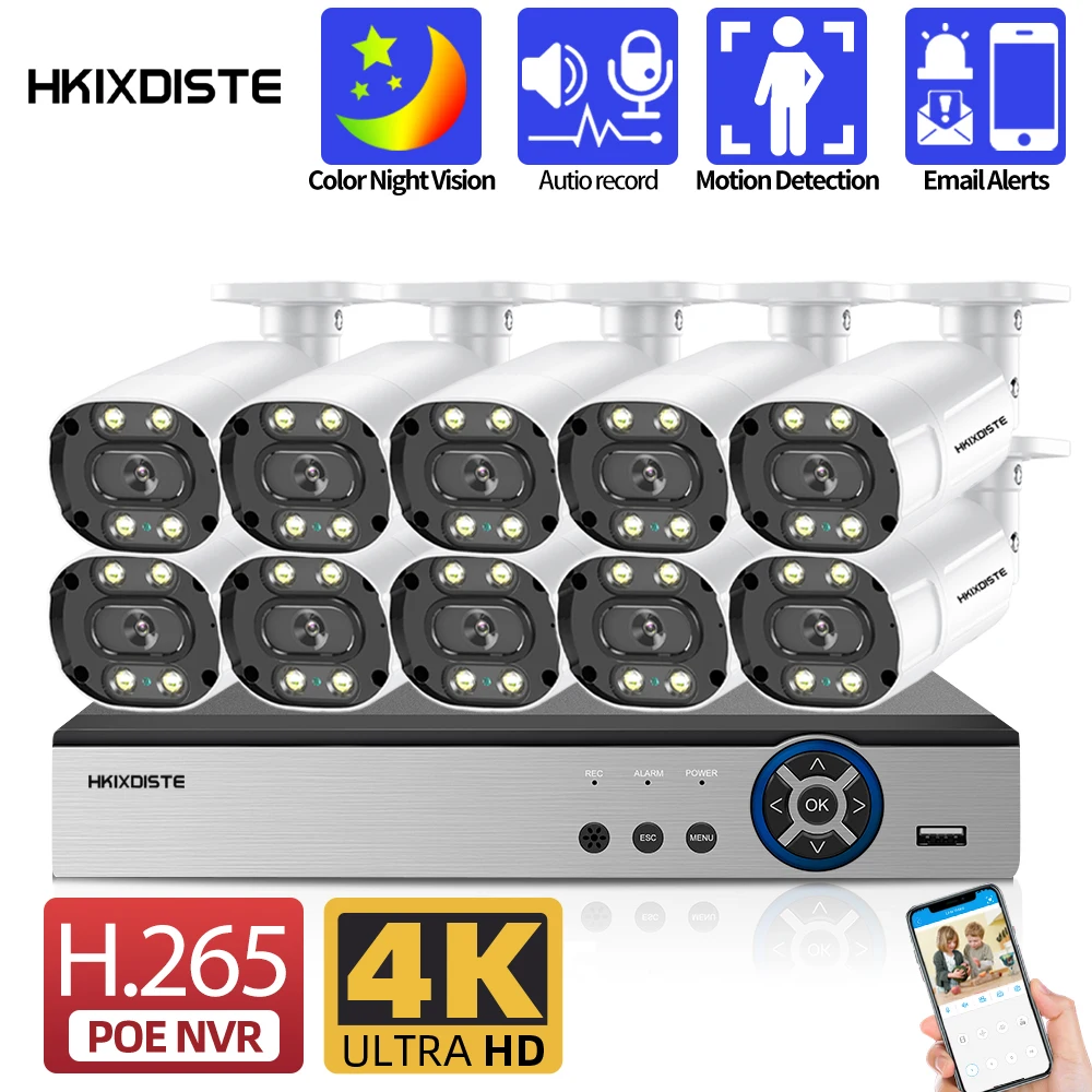 

4K CCTV Security Cameras System Set 8CH Video Surveillance Kit Outdoor 2 Way Audio IP Bullet Camera 10CH POE NVR Recorder Set