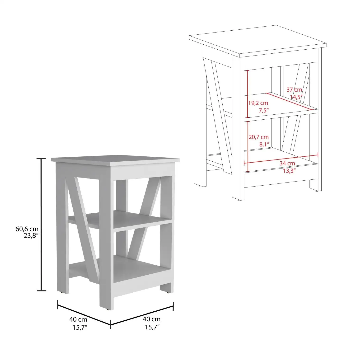 Taylor End Table, Side Table, Nightstand, 3-Tier Storage Shelf, Sofa Table for Small Space White