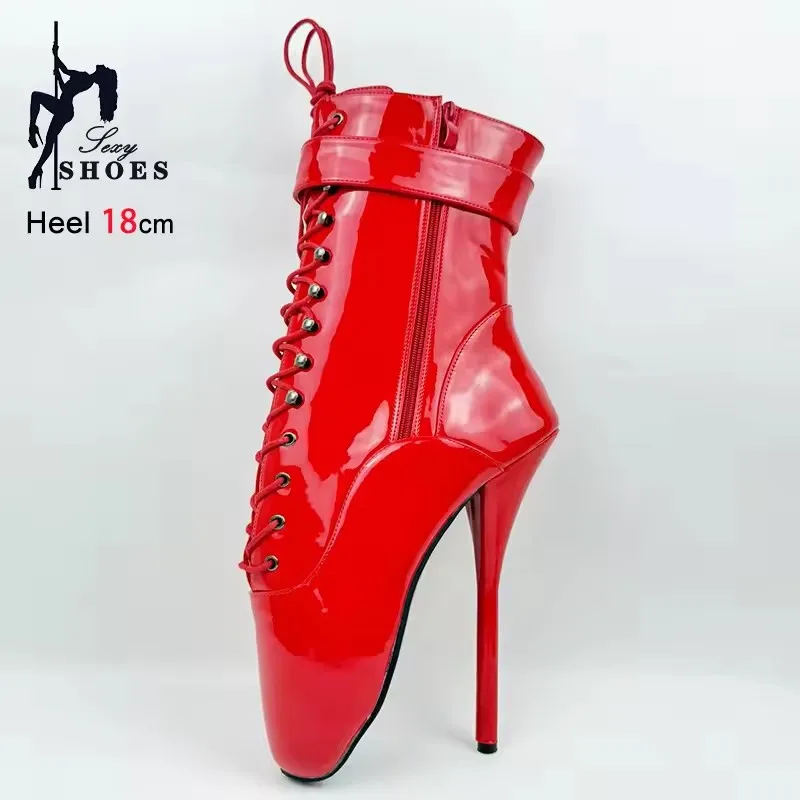 

Plus Size Red Short Boots For Women Super High Heel 18CM/7'' Ankle Wrap Strap Sexy Shoes Side Zipper Lace-up Fetish Ballet Boots