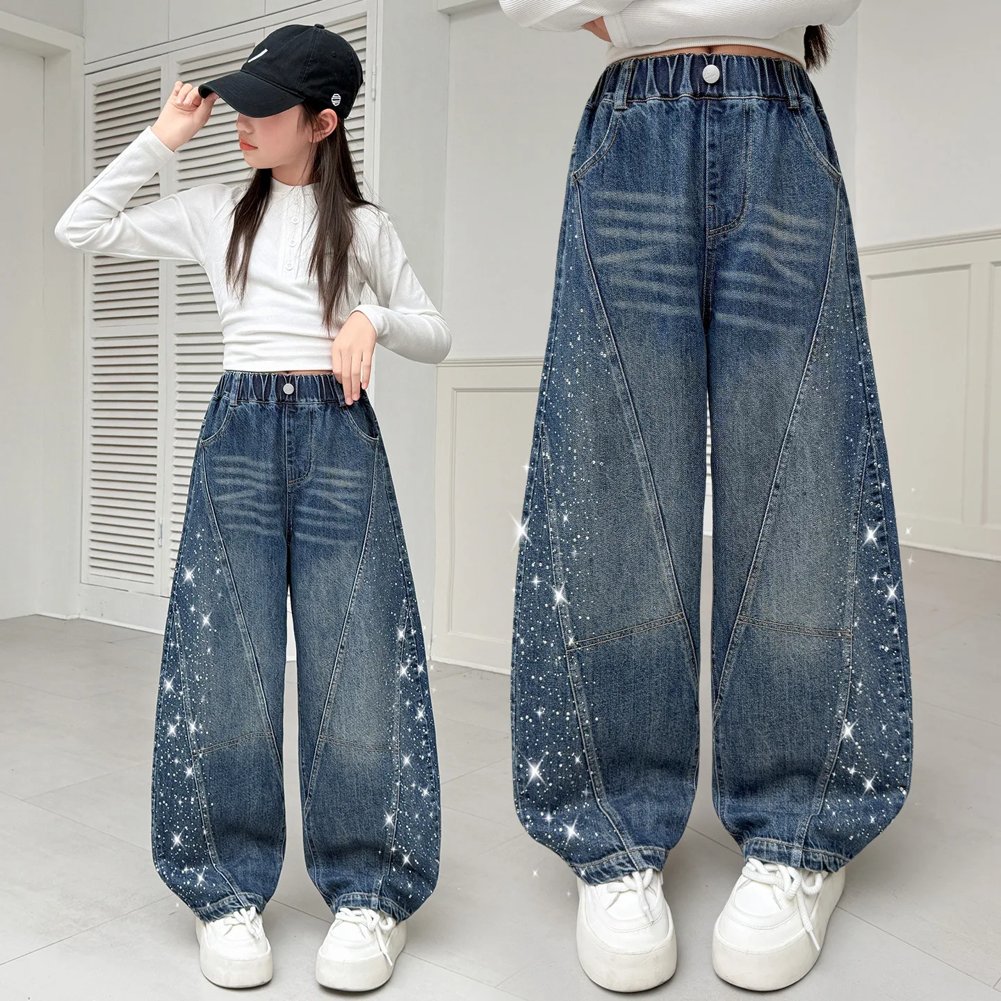 Teen Girls Crystal Rhinestone Jeans Spring High Fashion Street Style Crystal Denim Kids Casual Trousers 4 6 8 10 12 14 Years