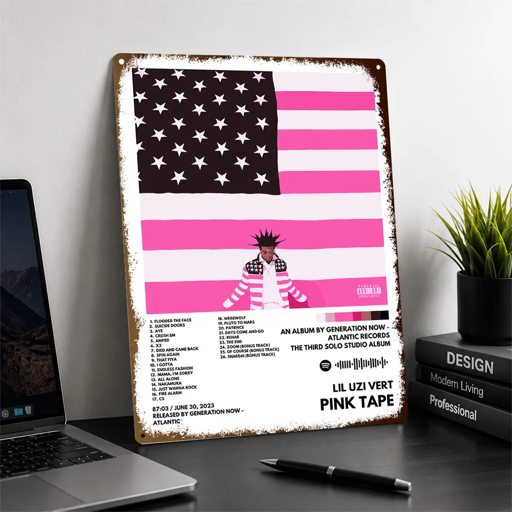 Lil Uzi Vert Pink Tape Album Aluminum Poster Graphic Wall Art For Listening Room Or Bedroom Customized Metal Sign Birthday Gift