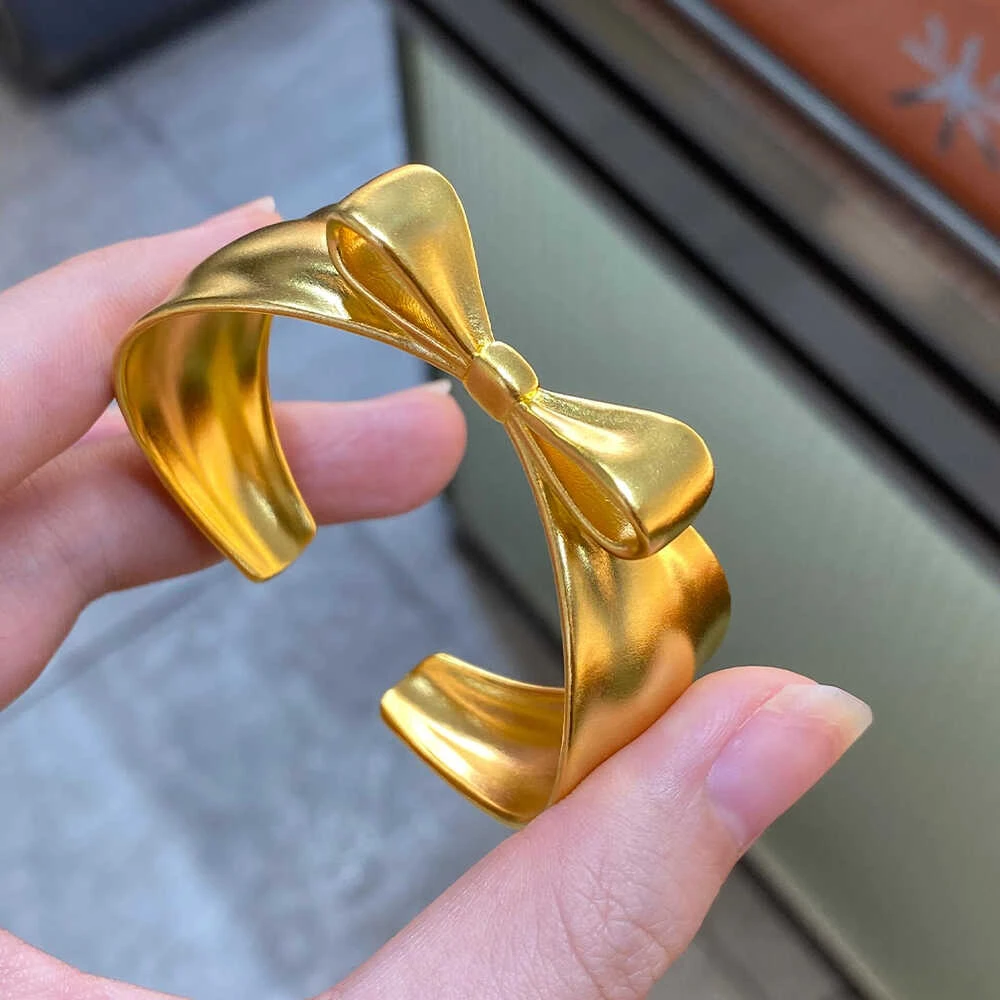 14k-gold-plated-stainless-steel-bowknot-open-cuff-bangle-matte-finish-luxury-women-wrist-bracelet-jewelry-wholesale