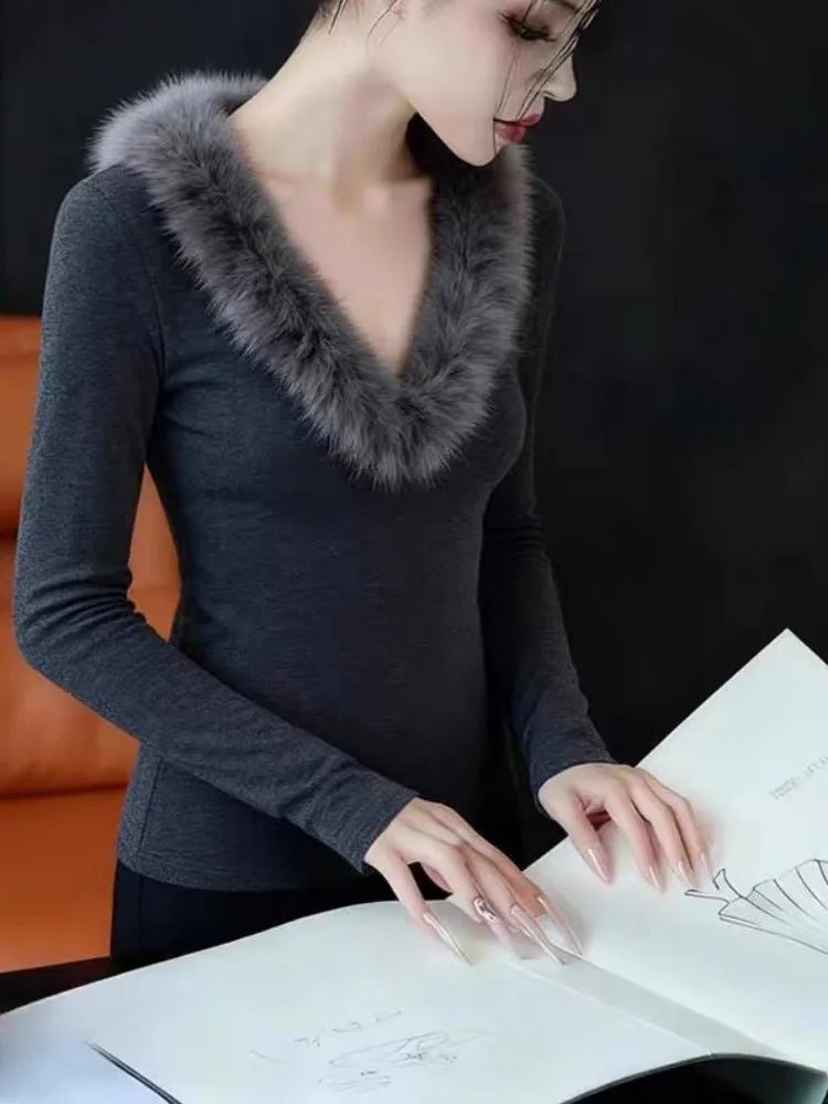 Retro americano ey peludo v-ne splice base irt roupa interior feminina outono inverno emagrecimento longo sve topo ci caminhada algodão