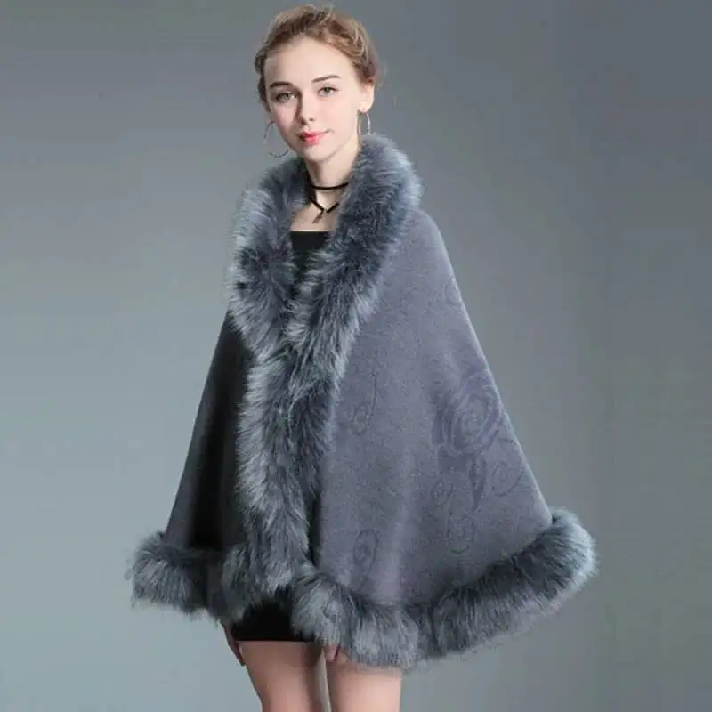 

Fashion Elegant Faux Fox Fur Shawl Cape Coat Women Autumn Winter Knit Cloak Party Dress Wraps Cardigan