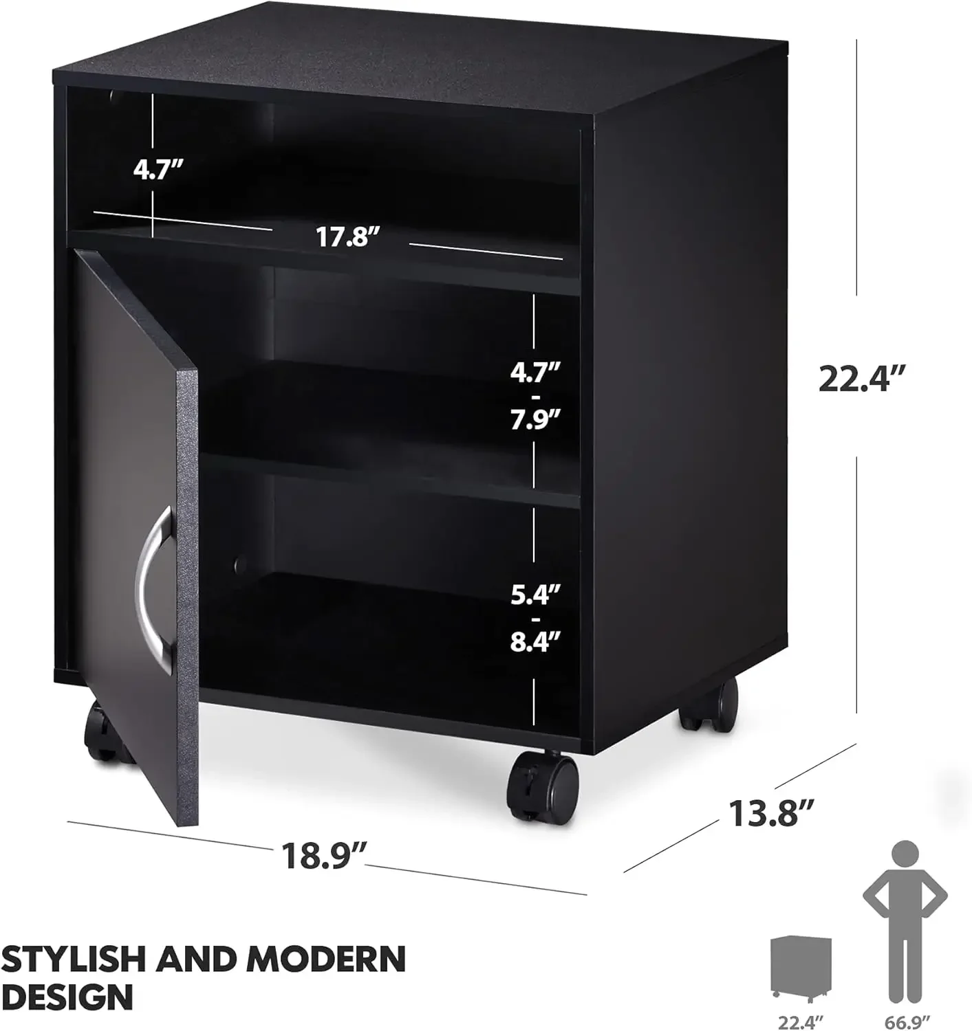 Mobile Printer Stand with Adjustable Storage Shelves, Wood Printer Cabinet with Door, Black Work Cart on Wheels for Home Office