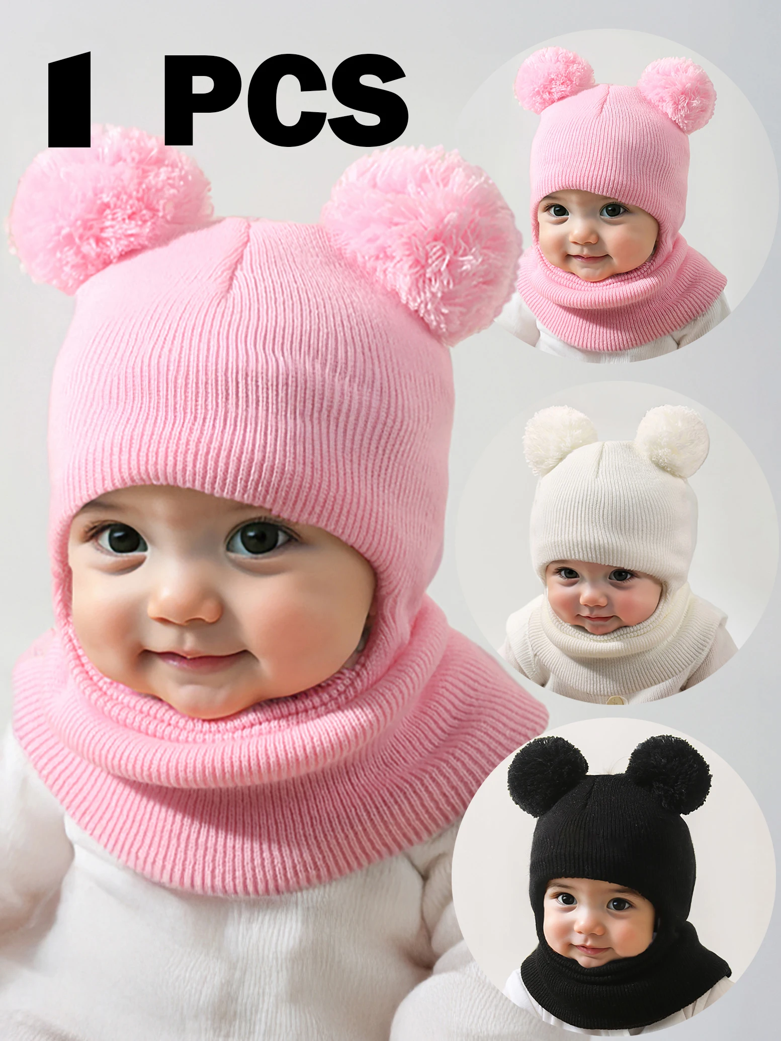 1個入り ユニセックス ブラック ビーニーハット 幼児用、ダブルポンポン付きビーニー キッズ＆ベビー、Y2Kスタイル、新生児用ニット帽 アウトドア用、暖かい