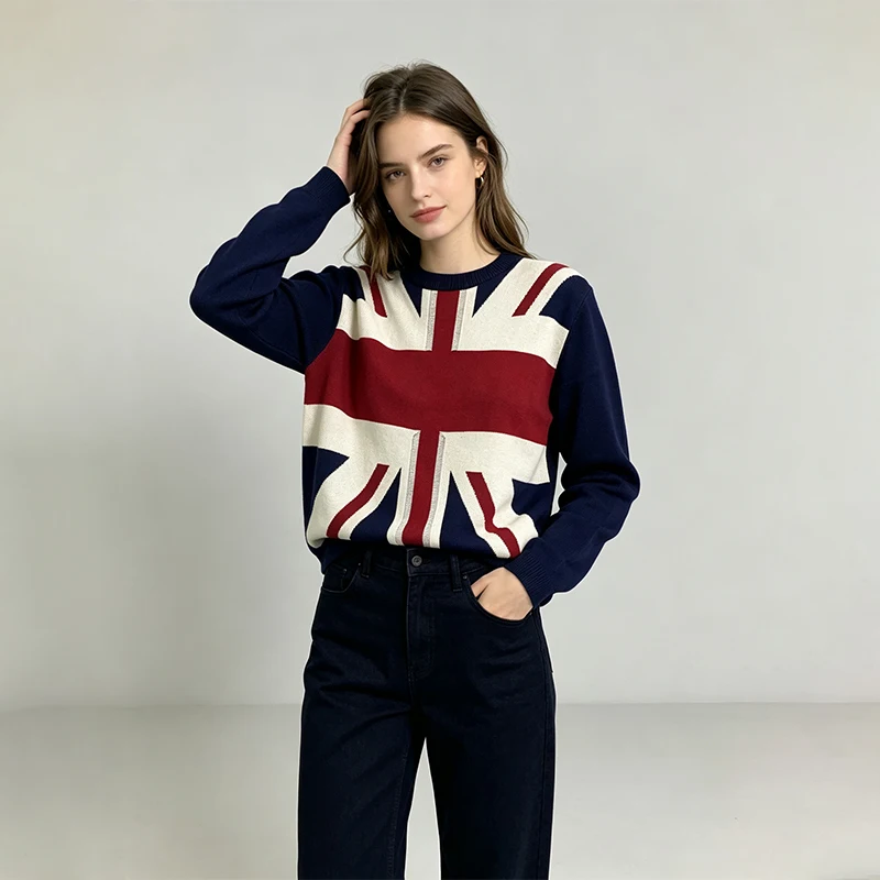 2026 Retro Women Crew Neck Knit Sweater Britain Union Jack Flag Jacquard Pattern Loose Fit Casual Street Style Warm Top