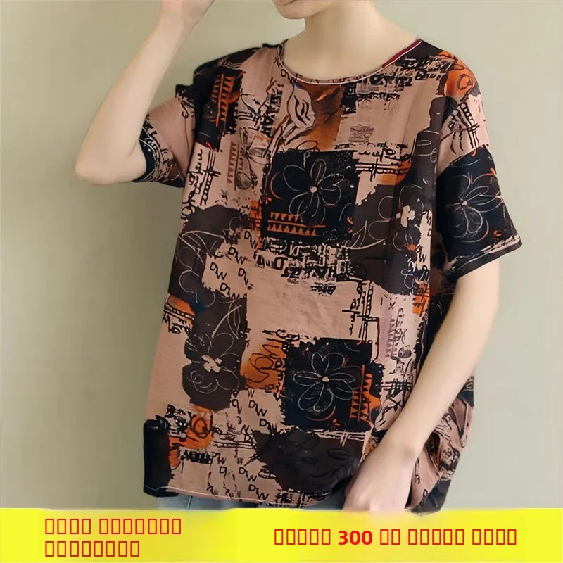 プラスサイズのコットンリネンまたはスウェットTシャツ、夏の新作、女性用ルーズフィットトップ、高齢女性向け、吸汗性、通気性