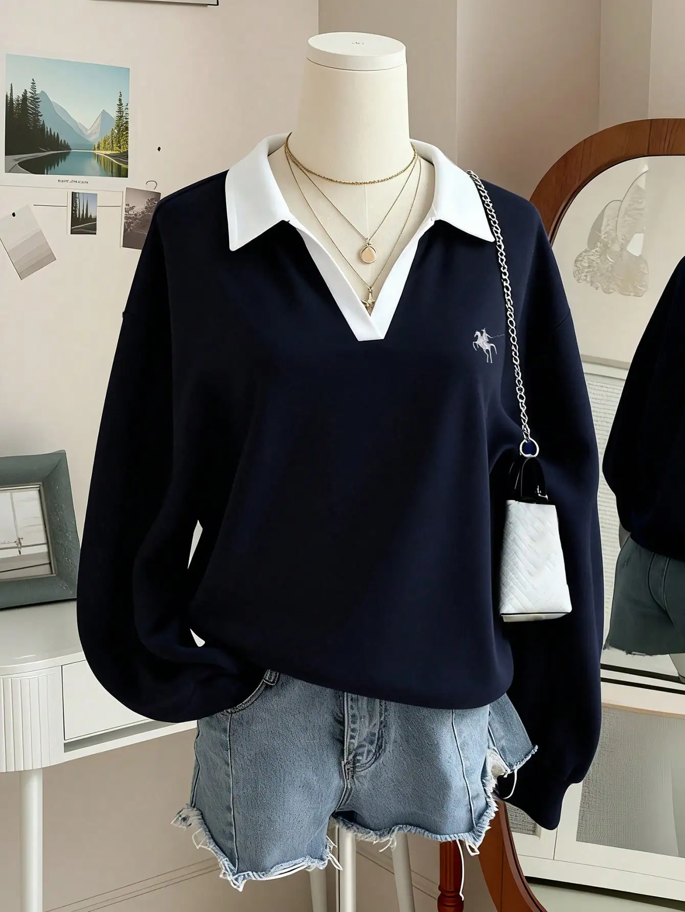 

Women's Contrast Collar Drop Shoulder Sweatshirt, Casual V-Neck Pullover for Autumn Winter