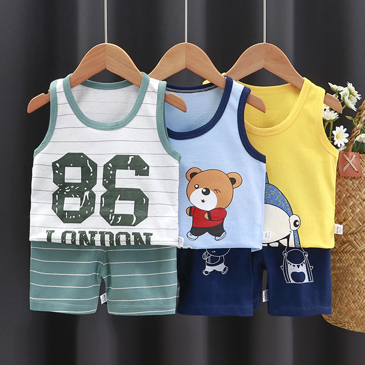 Sleeveless Tshirt Shorts Two Piece Casual Sports Cotton Wear Babies Boys Round Neck Tops Set Cartoon Printed Summer Clothing image 3