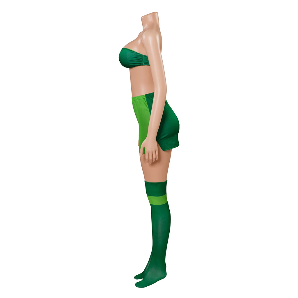 

Women Green Sexy Crop Top Mini Skirt with Stockings and Hat Full Set Halloween Carnival Outfits